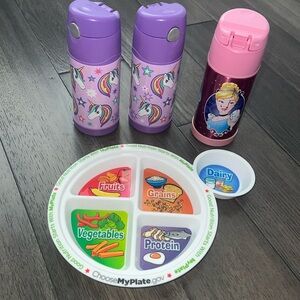 Thermos straw water cups unicorn and Disney princess set with kids portion plate
